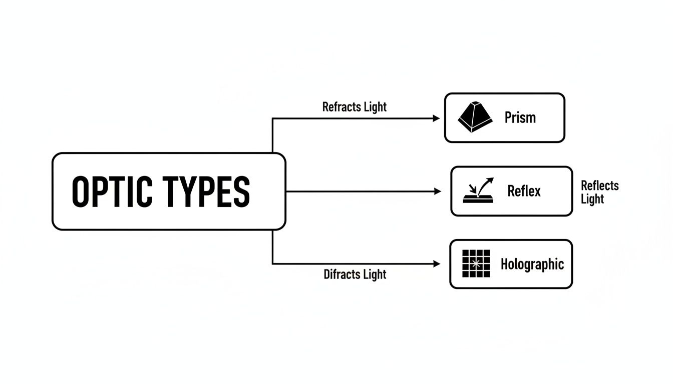 A diagram categorizes optic types: Prism (refracts light), Reflex (reflects light), and Holographic (diffracts light).