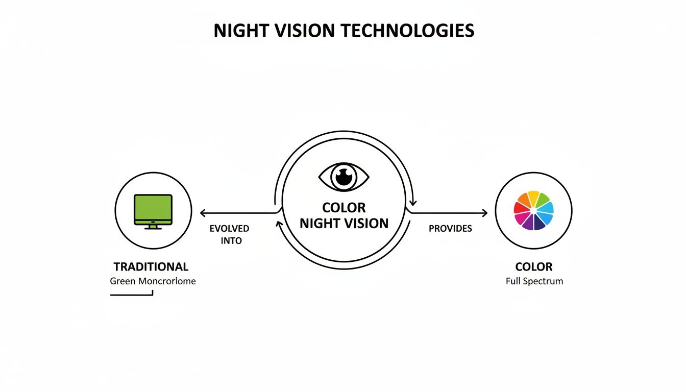 Infographic illustrates night vision technology evolving from traditional green monochrome to full spectrum color.