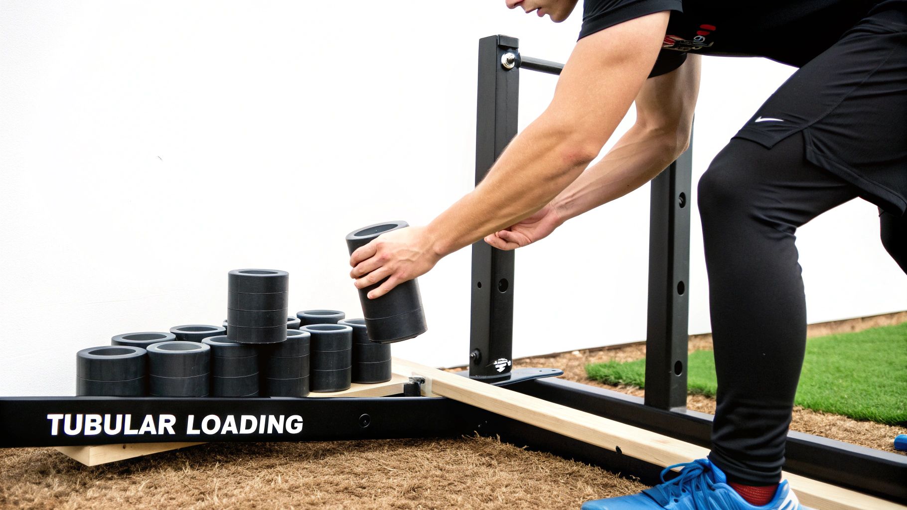 A person in black athletic wear loads black tubular weights onto a piece of exercise equipment.