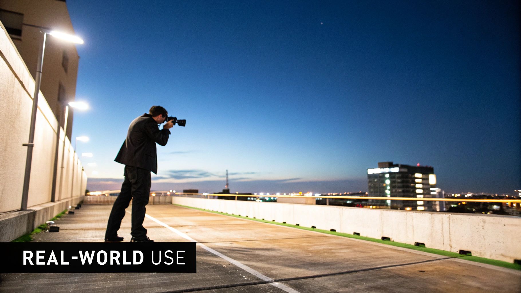 A photographer in a suit takes a photo with a DSLR on a rooftop at dusk, with city lights visible.