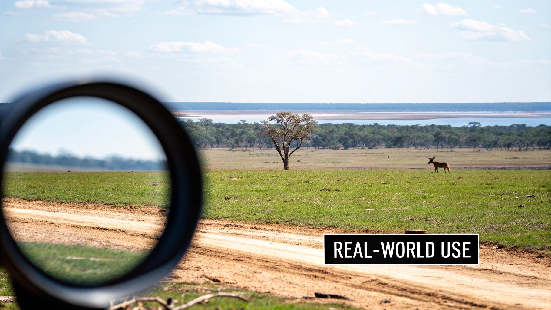 A scenic savanna landscape through a scope, featuring a lone antelope and a distant lake, with 'REAL-WORLD USE' text.