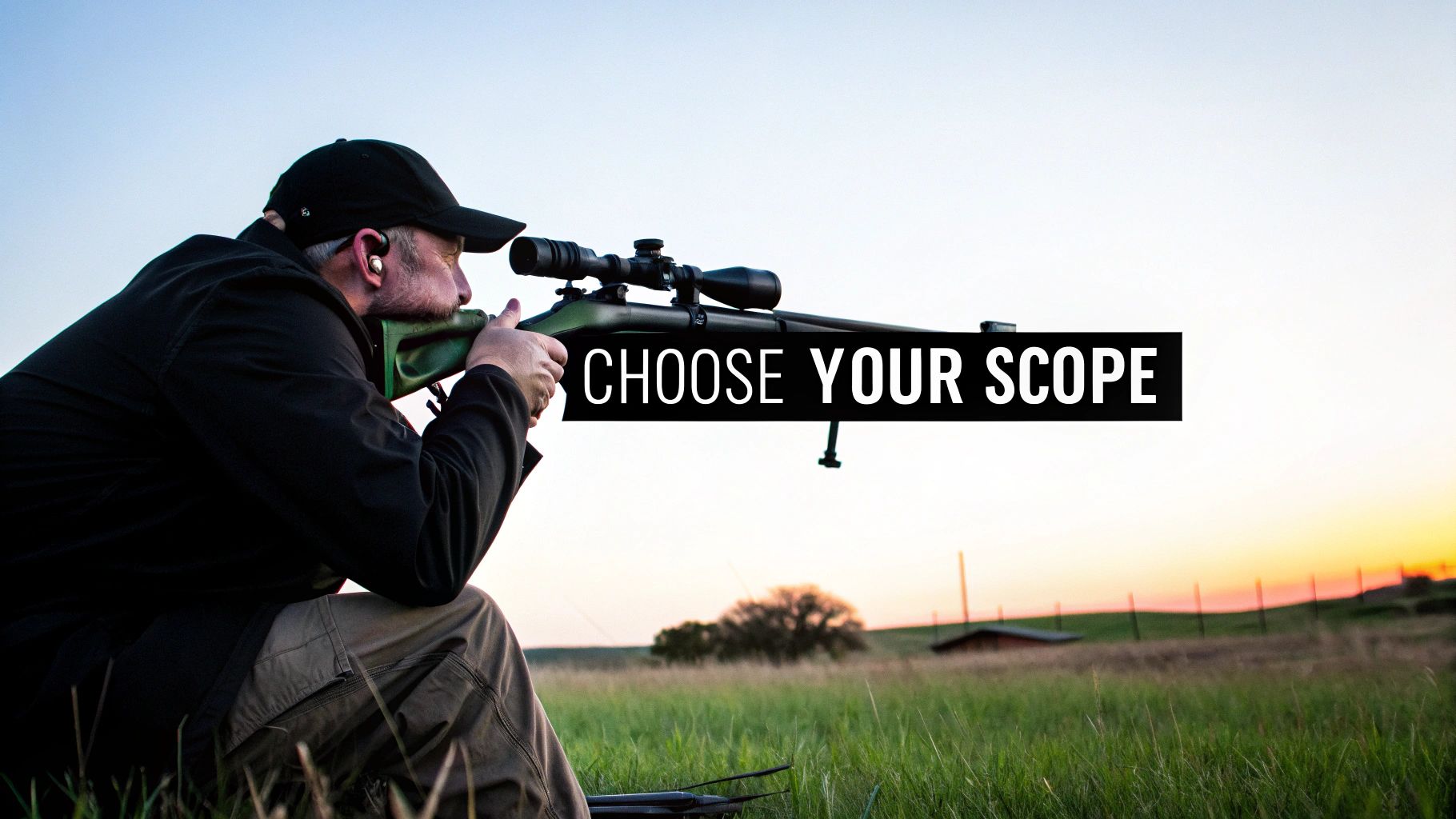 A hunter using a night vision scope on a rifle in a dark field, highlighting the technology in action.