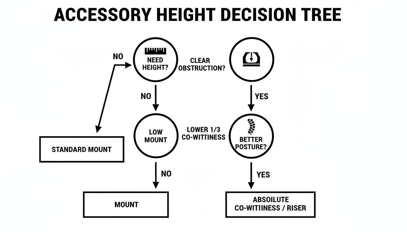 Decision tree flowchart for accessory height, illustrating choices like standard mount, low mount, or riser based on obstruction and posture.