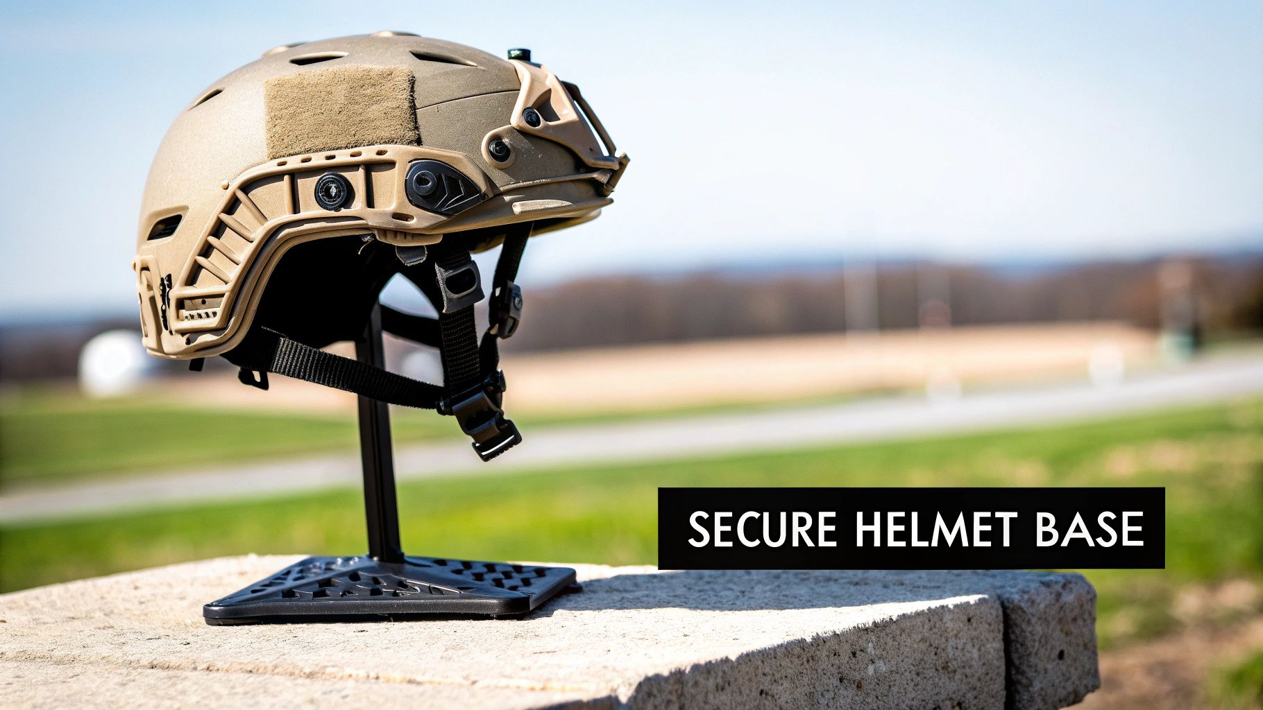 A tan tactical helmet with accessories on a black display stand, resting on a stone wall outdoors.