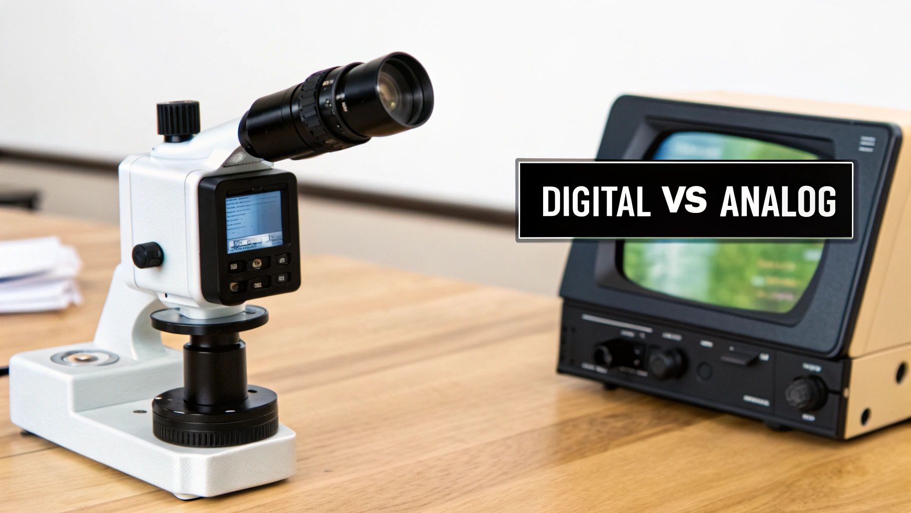 A modern digital scope and a vintage analog monitor on a wooden desk with a 'DIGITAL VS ANALOG' overlay.