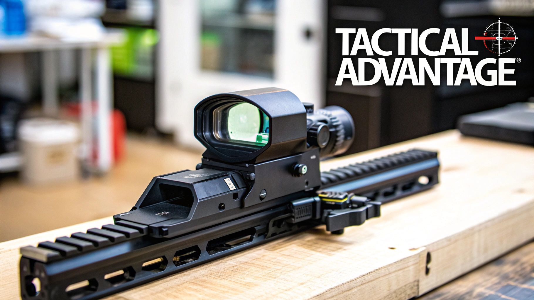 A tactical holographic sight and magnifier mounted on a black firearm rail system on wood.