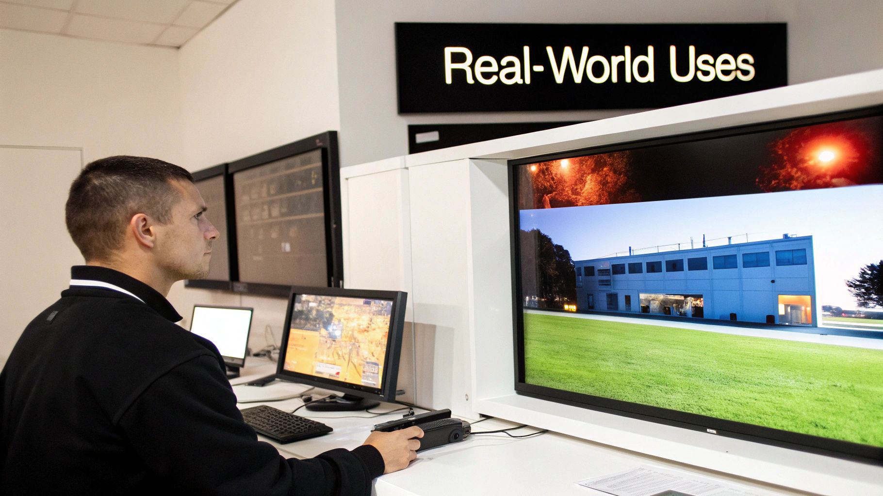 A man operates a device while monitoring multiple screens displaying real-world uses and night vision.