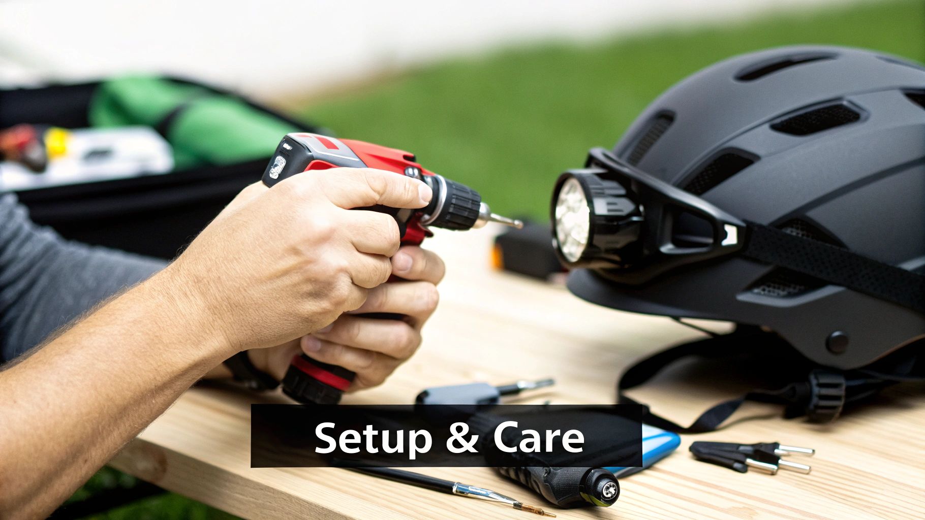 A person's hands hold an electric drill next to a black helmet with a mounted flashlight and tools.