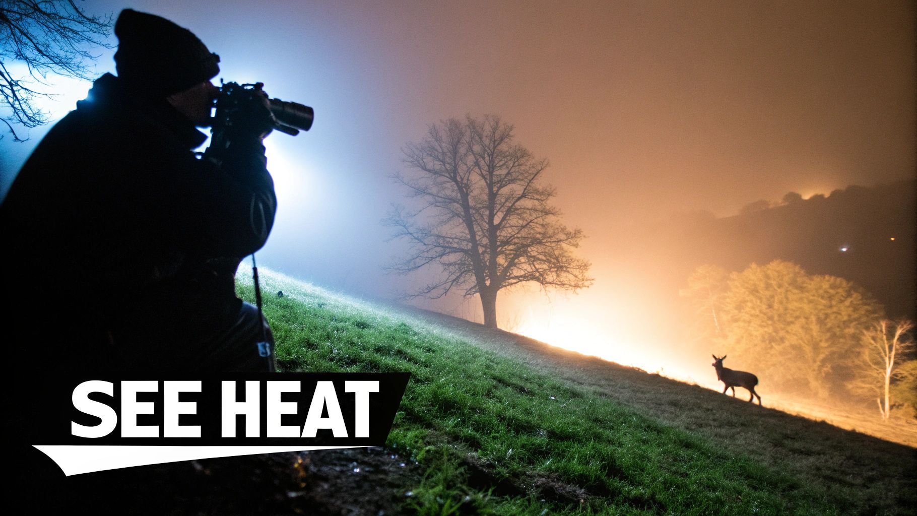 A silhouette of a photographer aims a camera at a deer on a foggy, illuminated hill at night.