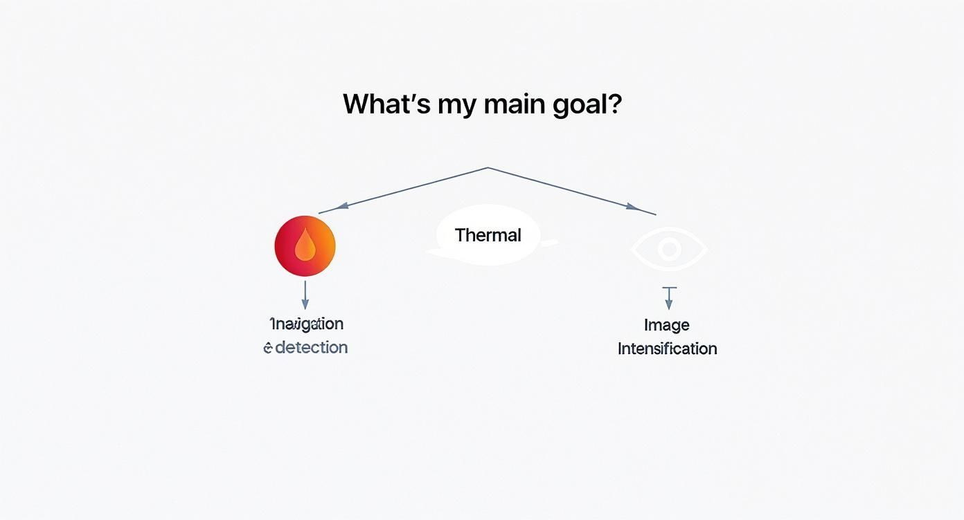 Diagram illustrating thermal technology's main goals: navigation, detection, and image intensification.