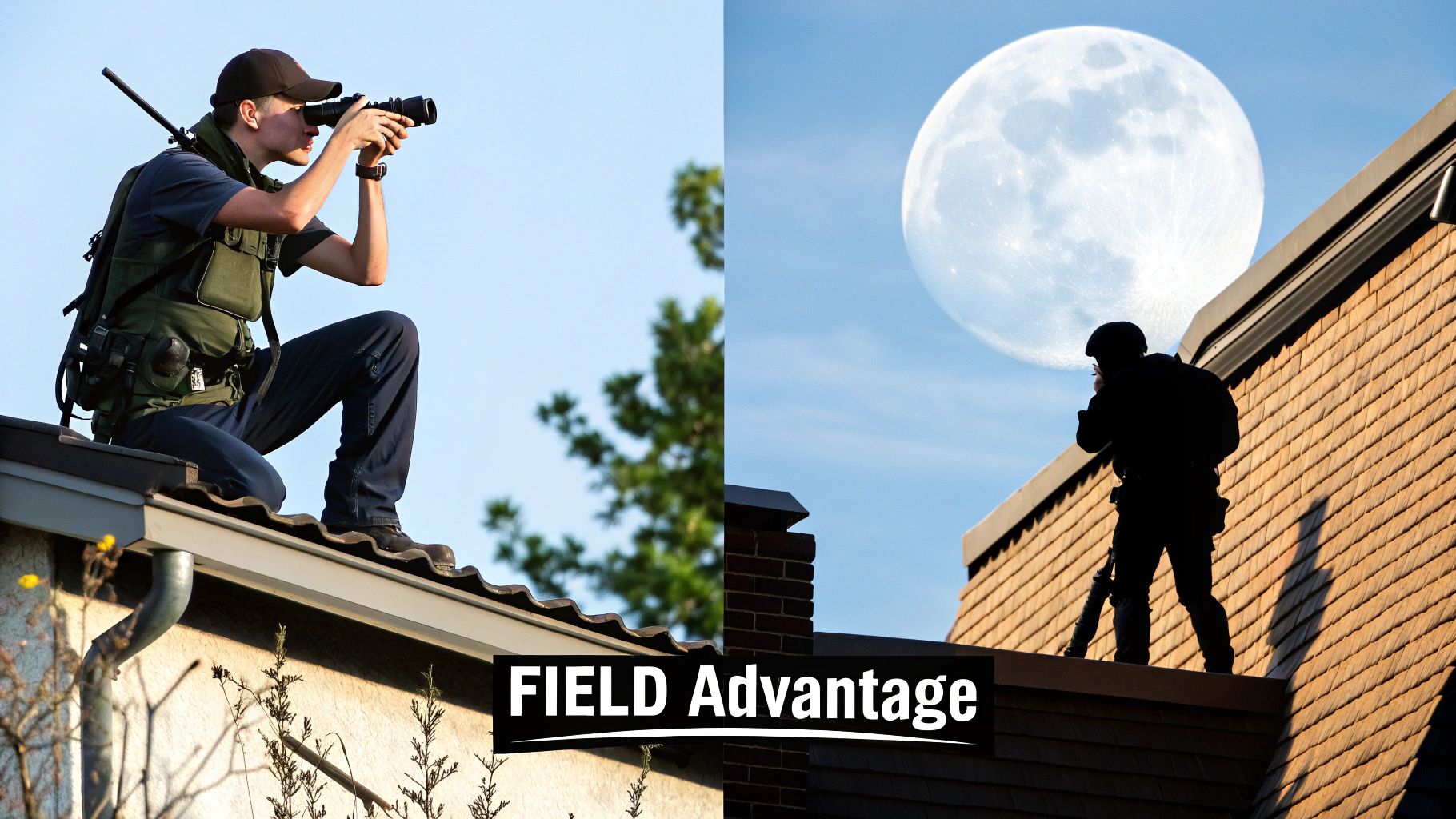 Two images of tactical operators on rooftops; one in daylight with binoculars, another silhouetted by a full moon.