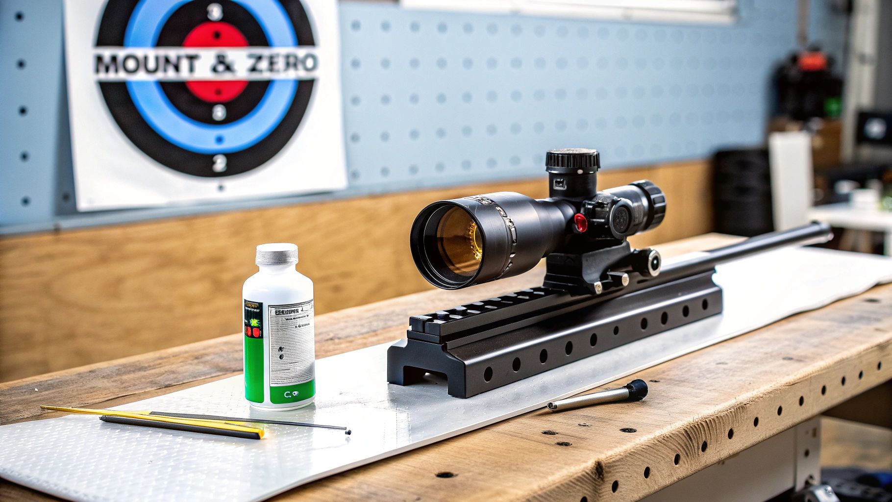 A rifle scope, tools, and a cleaning bottle on a workbench with a shooting target.