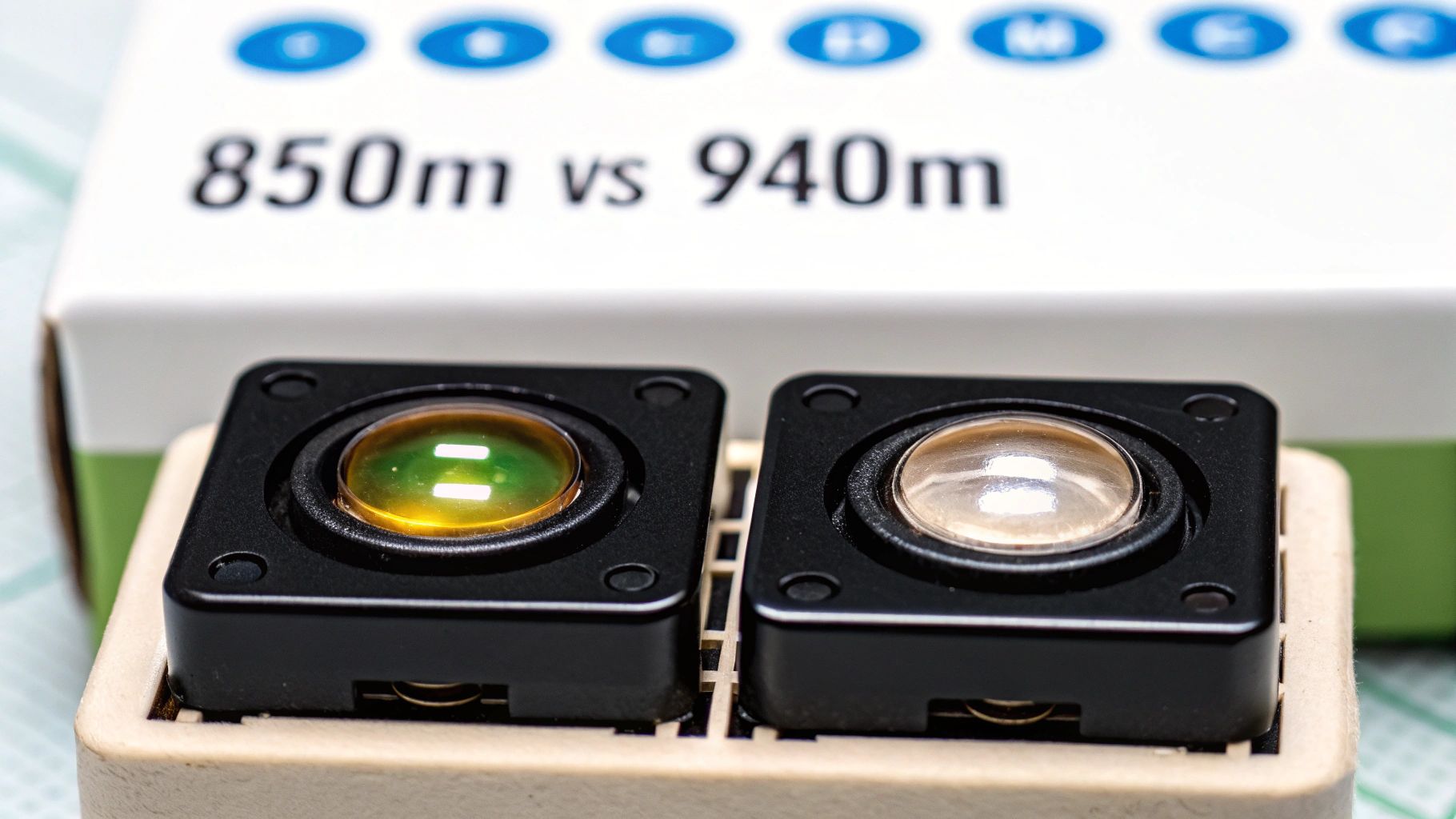 Two square IR illuminator modules with different wavelength lenses (850m vs 940m) on a stand.