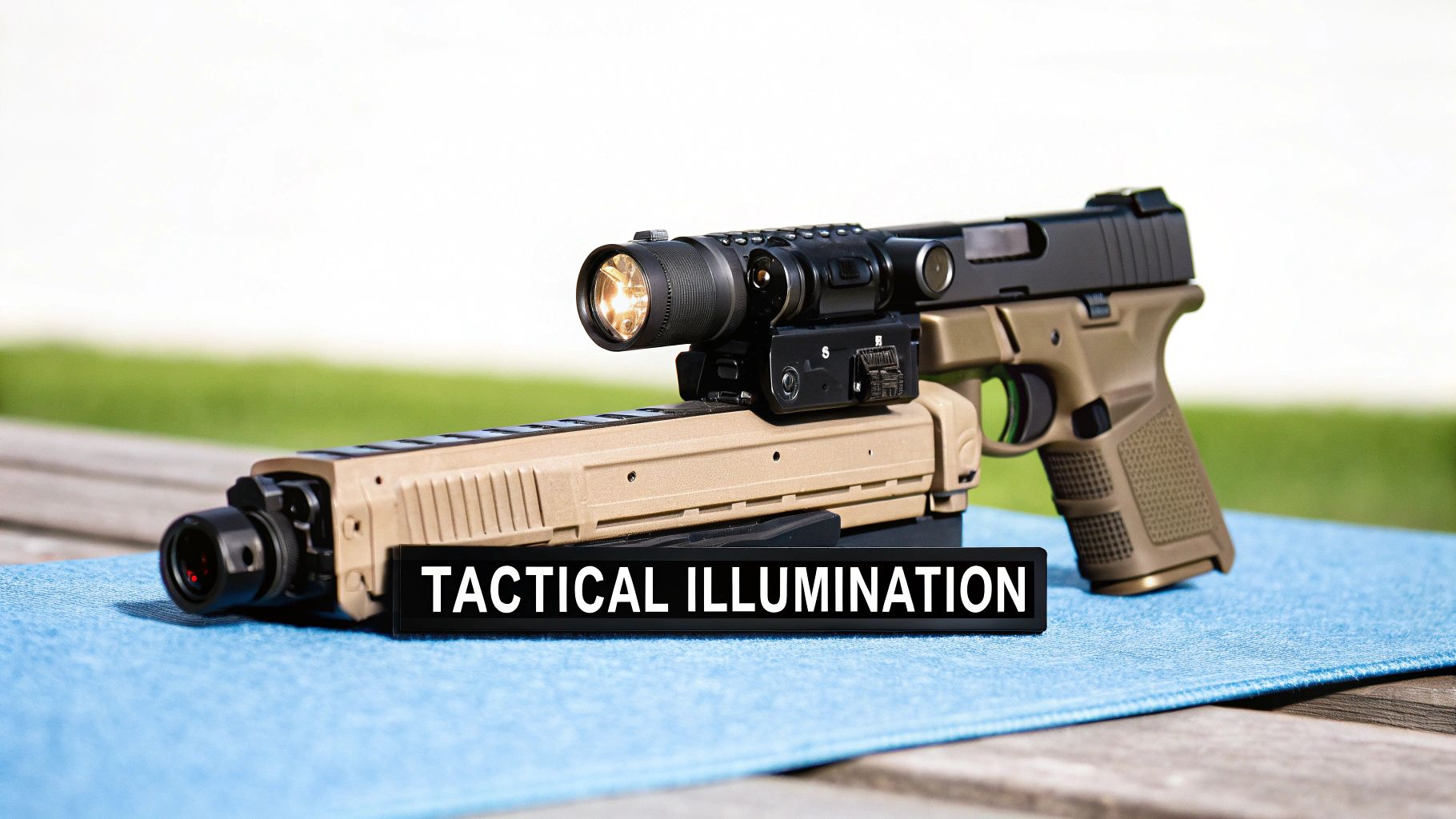 A tactical weapon light mounted on a rifle, casting a bright, focused beam in a dark environment.