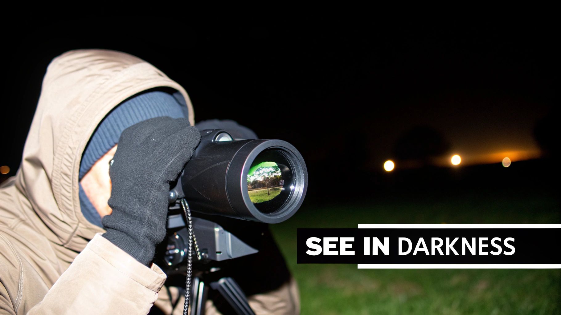 Hooded person using a night vision device outdoors, revealing a bright, green-tinted view.