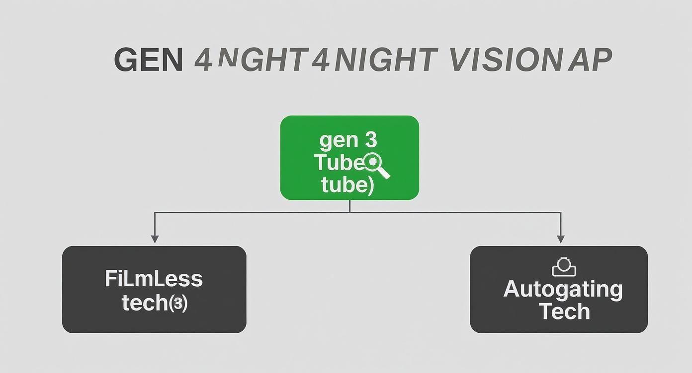Generation 4 night vision technology diagram showing gen 3 tube with filmless and autogating tech branches