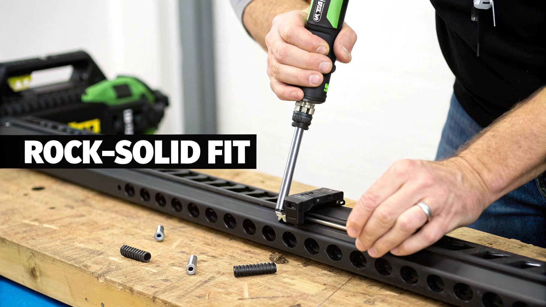 A person uses an electric screwdriver to assemble a black picatinny rail on a wooden workbench.