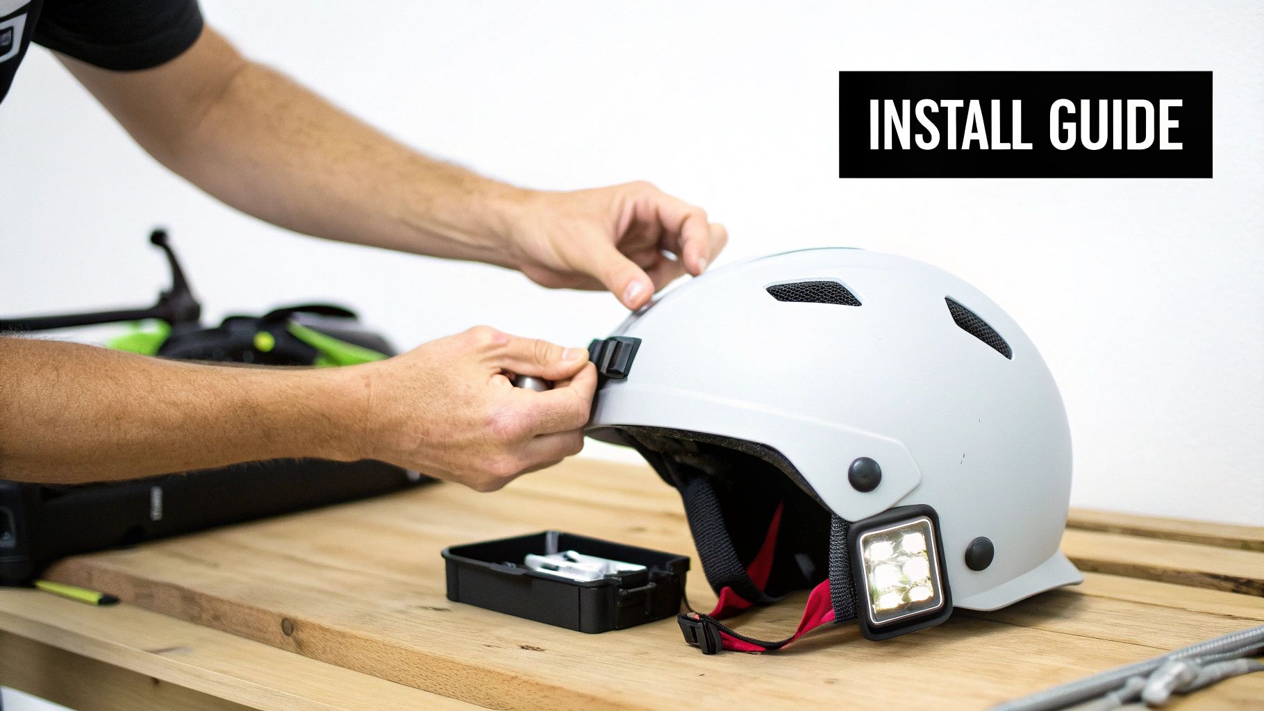 A light helmet mount being installed on a helmet