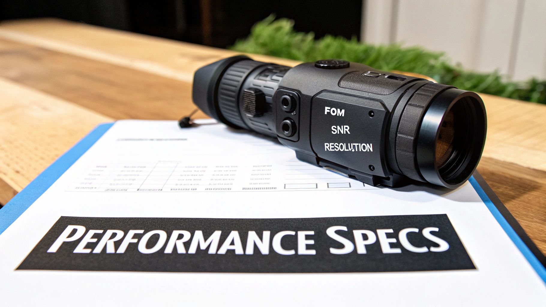A black night vision monocular device rests on a document displaying 'PERFORMANCE SPECS' and technical terms.