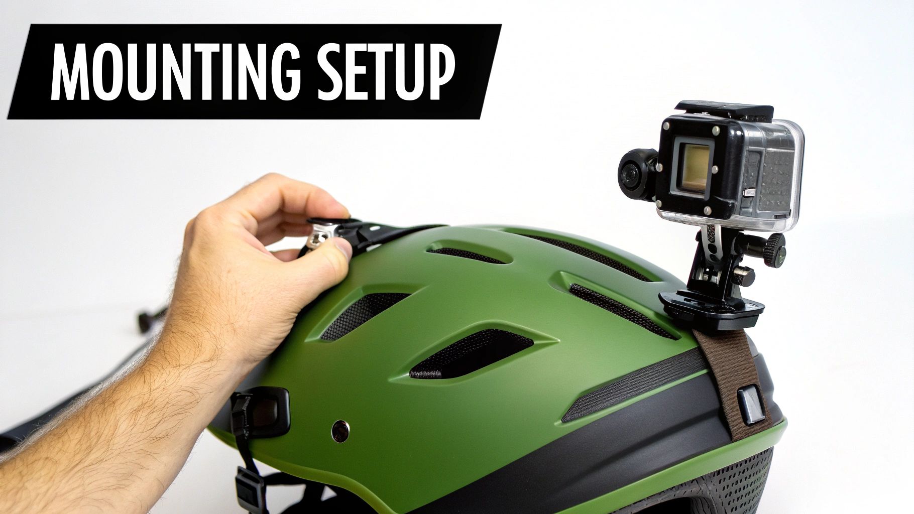 A hand adjusts a strap on a green helmet with a GoPro camera mounted on the side.
