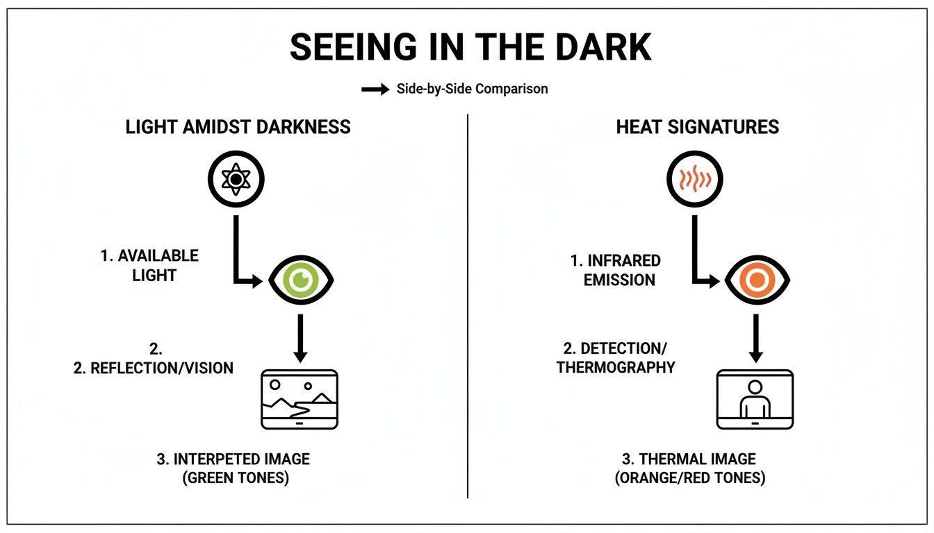 Diagram comparing night vision (available light) and thermal imaging (heat signatures) for seeing in the dark.