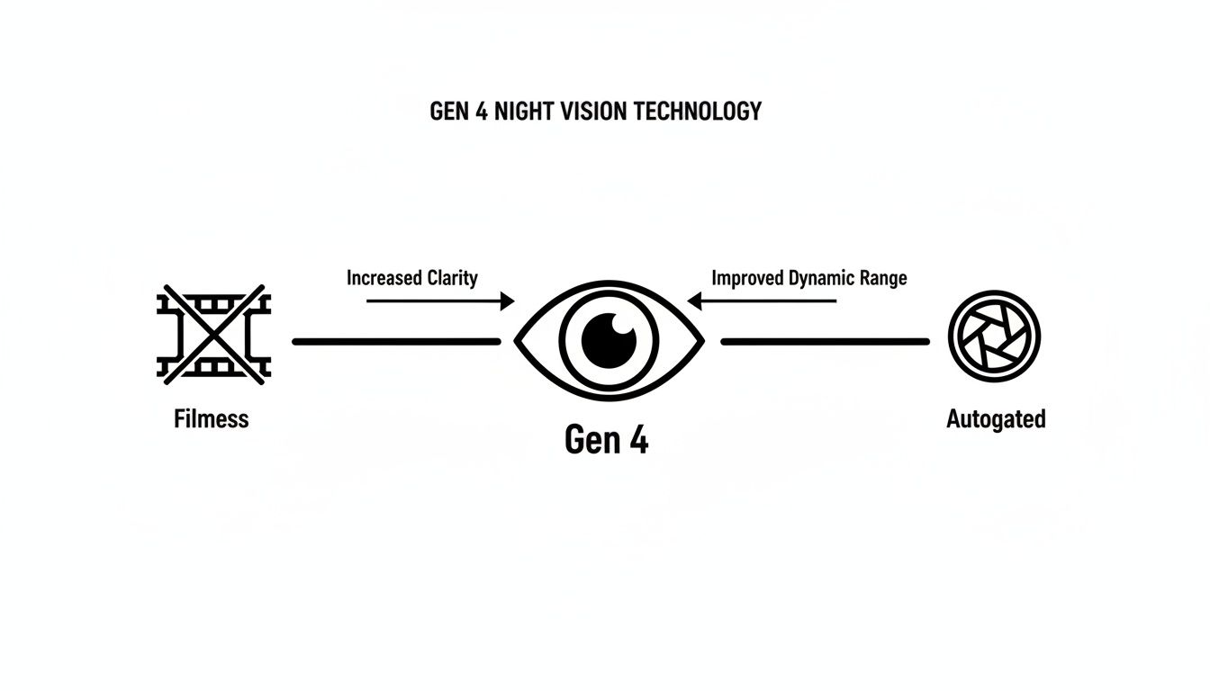 Diagram illustrating Gen 4 Night Vision Technology, showing increased clarity from filmless and improved dynamic range from autogated features.