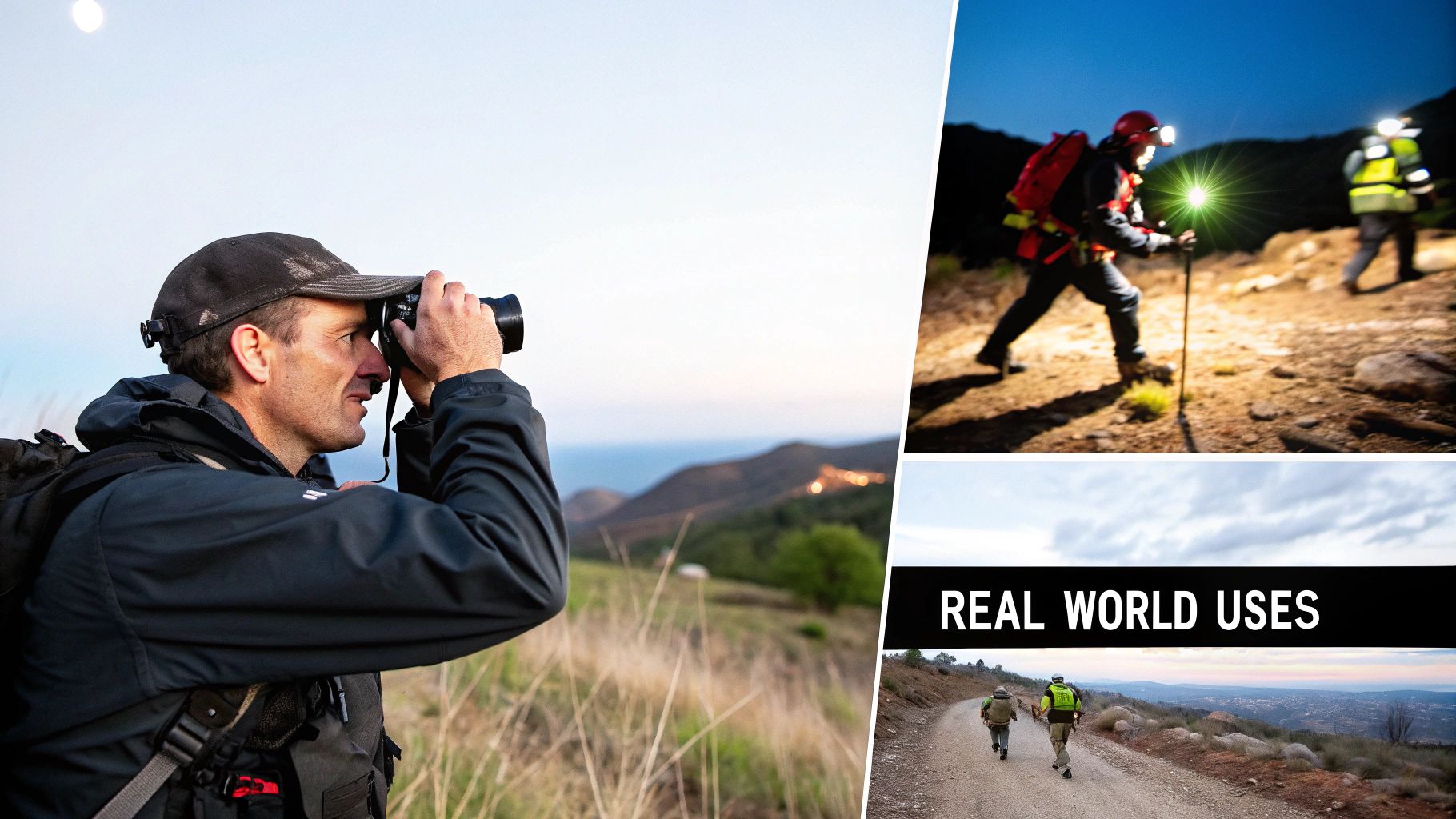 Hikers with headlamps at night and a man observing, illustrating real-world uses of low-light gear.