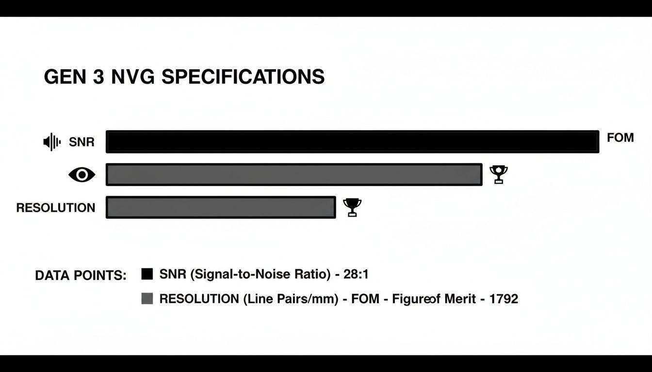 A chart displaying Gen 3 NVG specifications, including Signal-to-Noise Ratio (SNR) and Resolution with data points.
