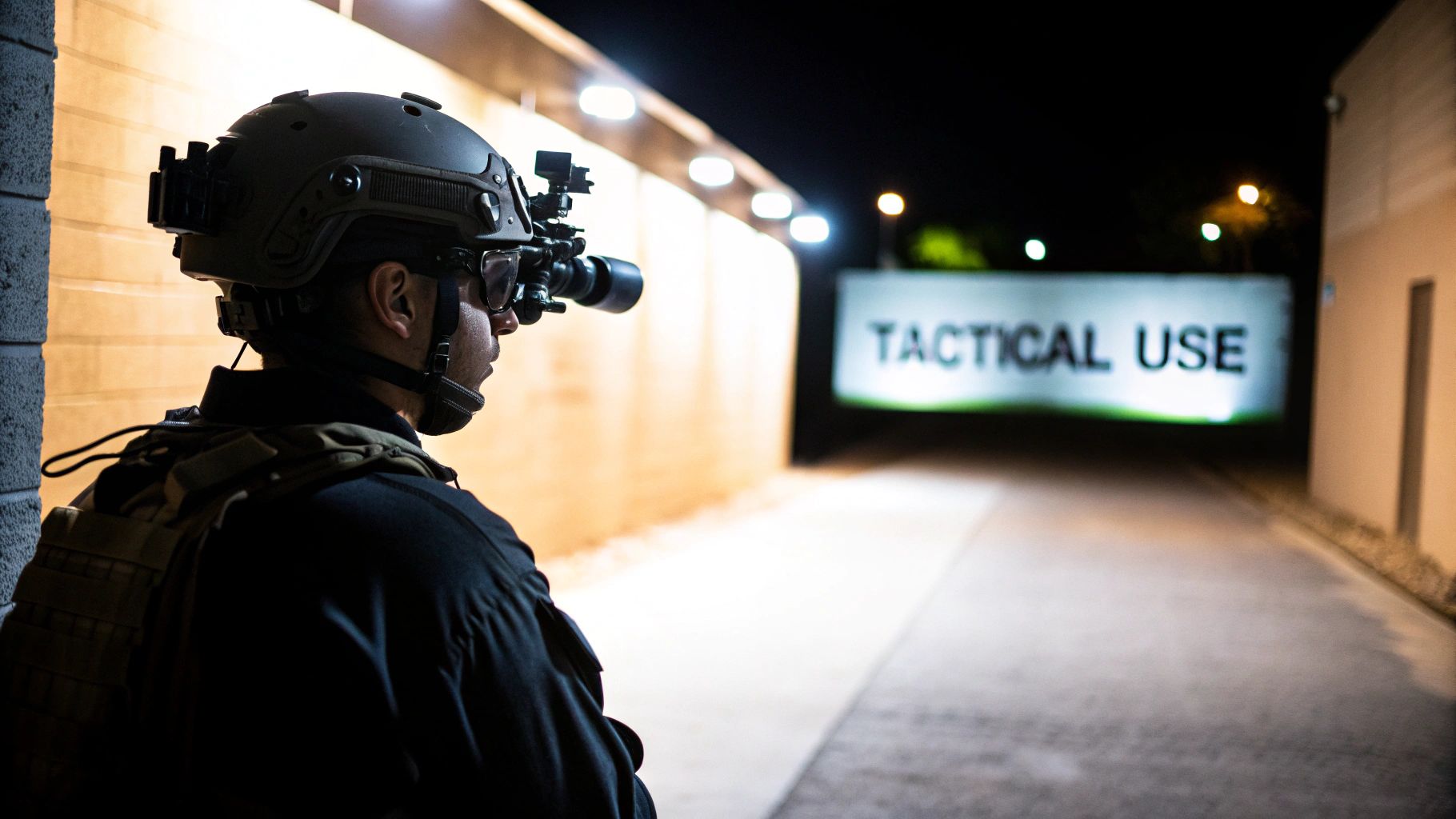 A tactical professional aiming a rifle with a mounted IR illuminator in a low-light environment.
