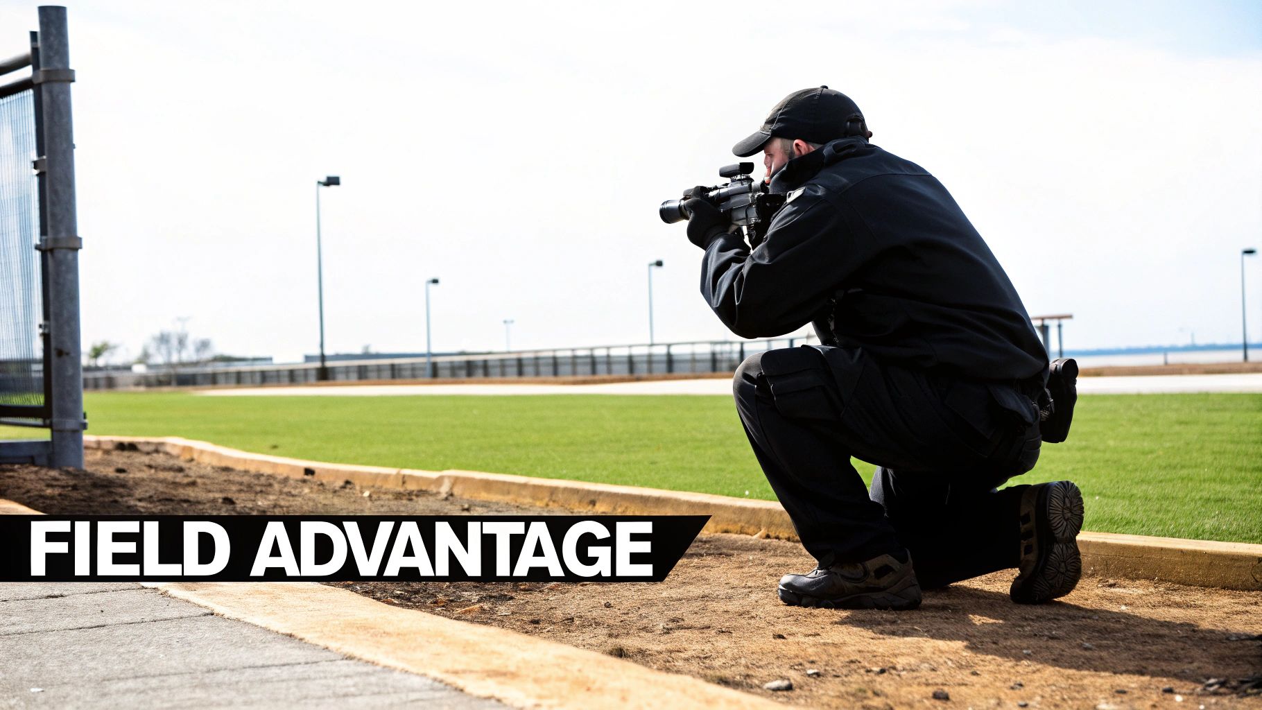A person in black tactical gear kneels, aiming a camera on a dirt path next to a green field.