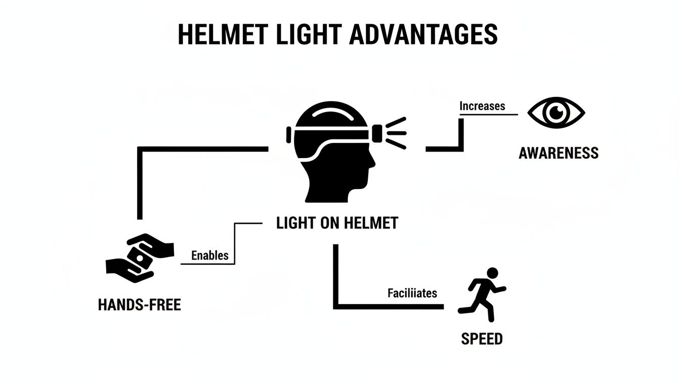A diagram illustrating the advantages of a helmet light: enables hands-free use, increases awareness, and facilitates speed.
