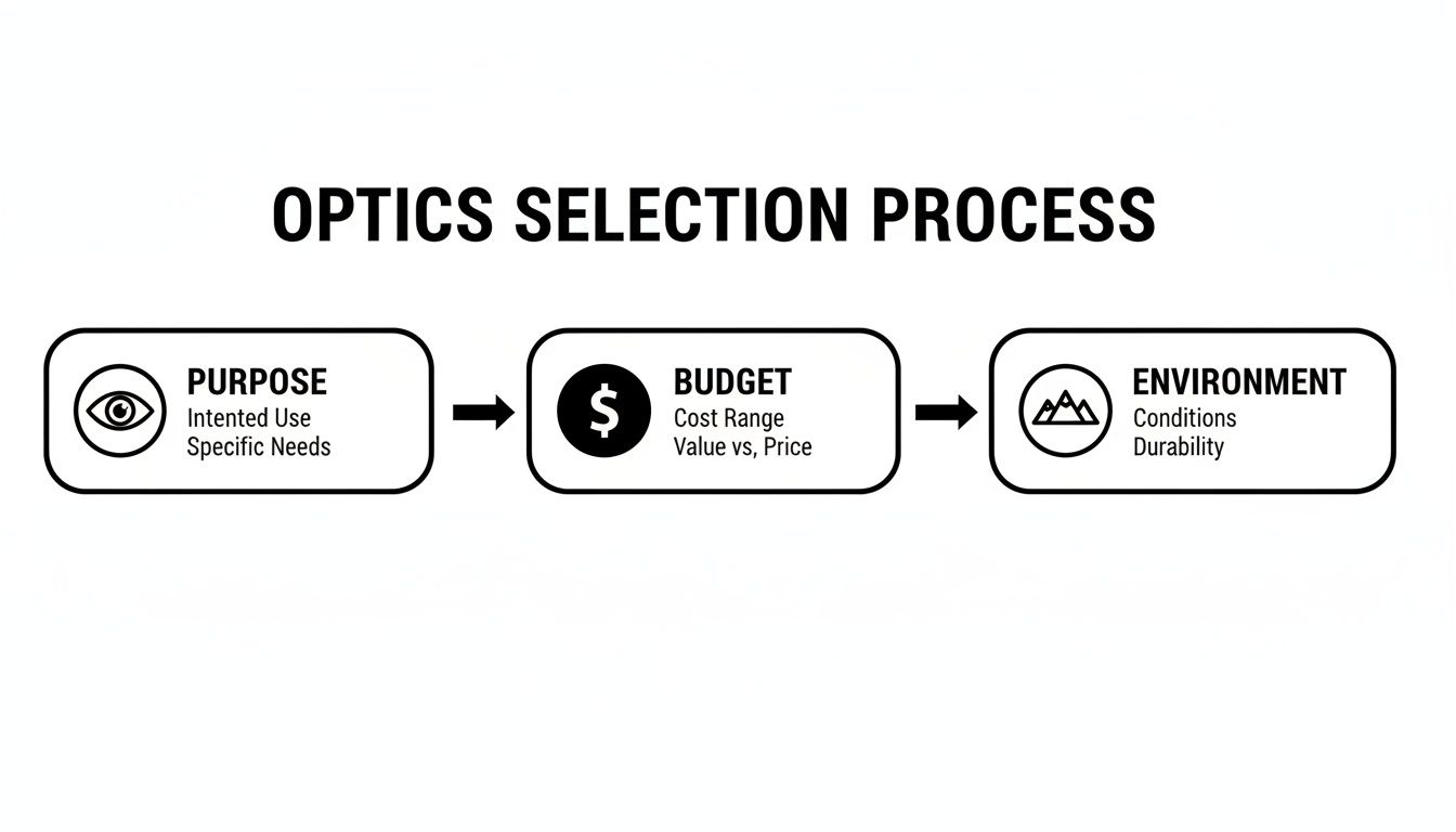 Flowchart illustrating the optics selection process, covering purpose, budget, and environment factors.