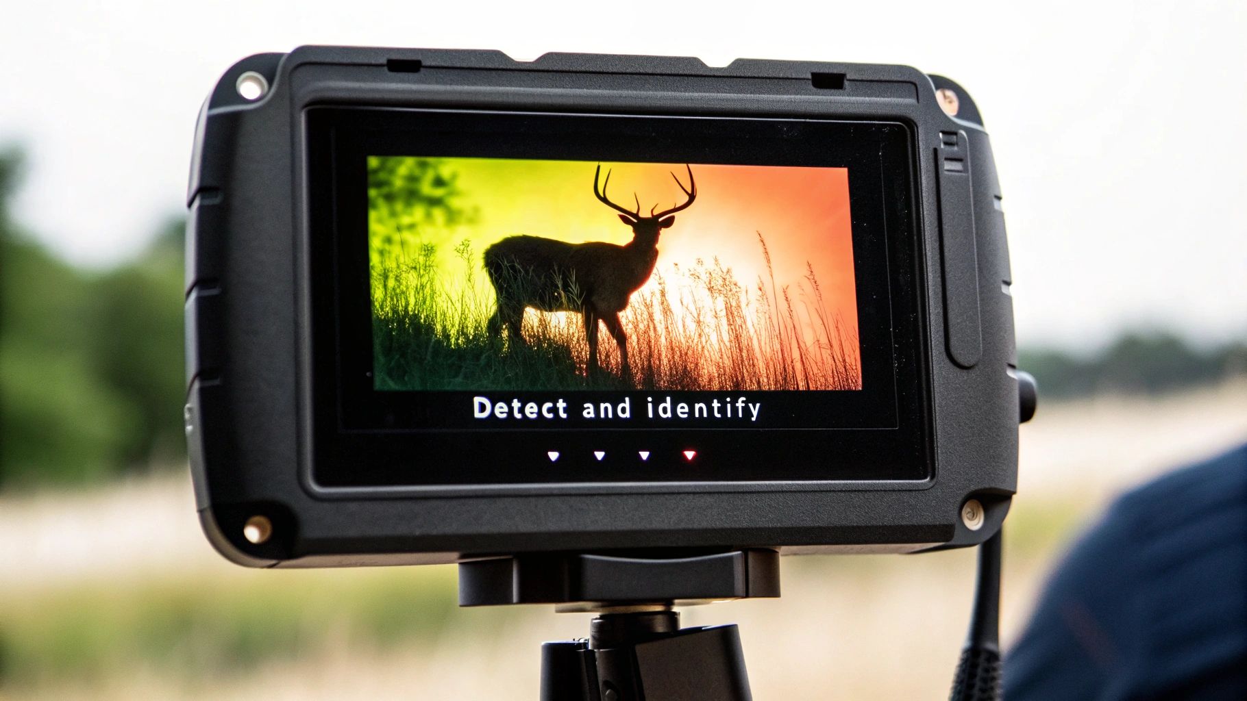 A hunter using a thermal scope at dusk, scanning a field for game