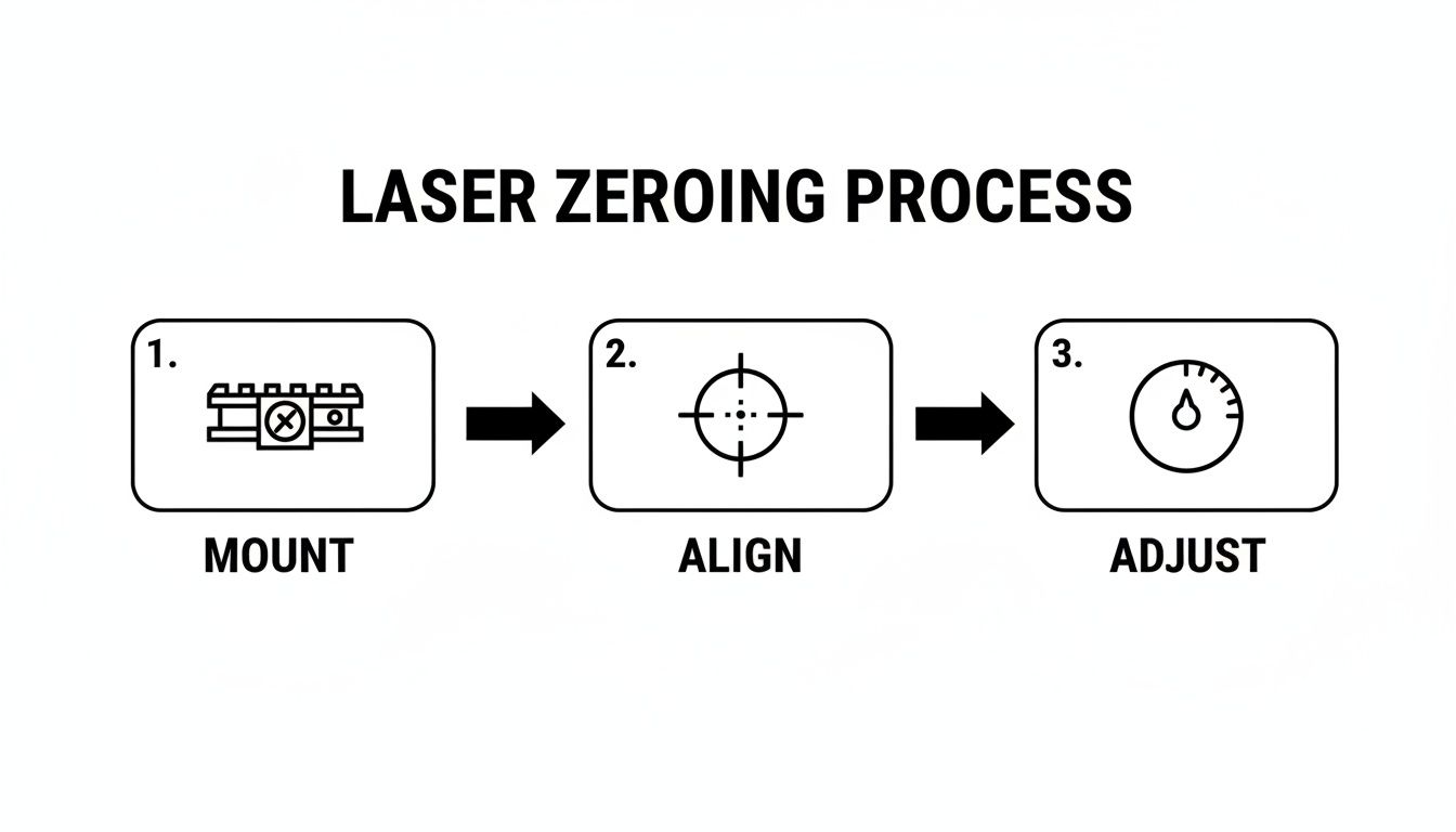 Diagram illustrating the three-step laser zeroing process: mount, align, and adjust for a laser module.