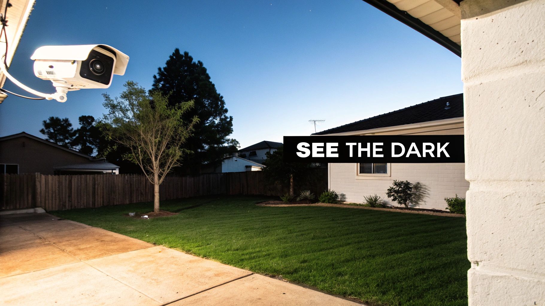 An outdoor security camera on a house captures a clear night view of a suburban backyard.