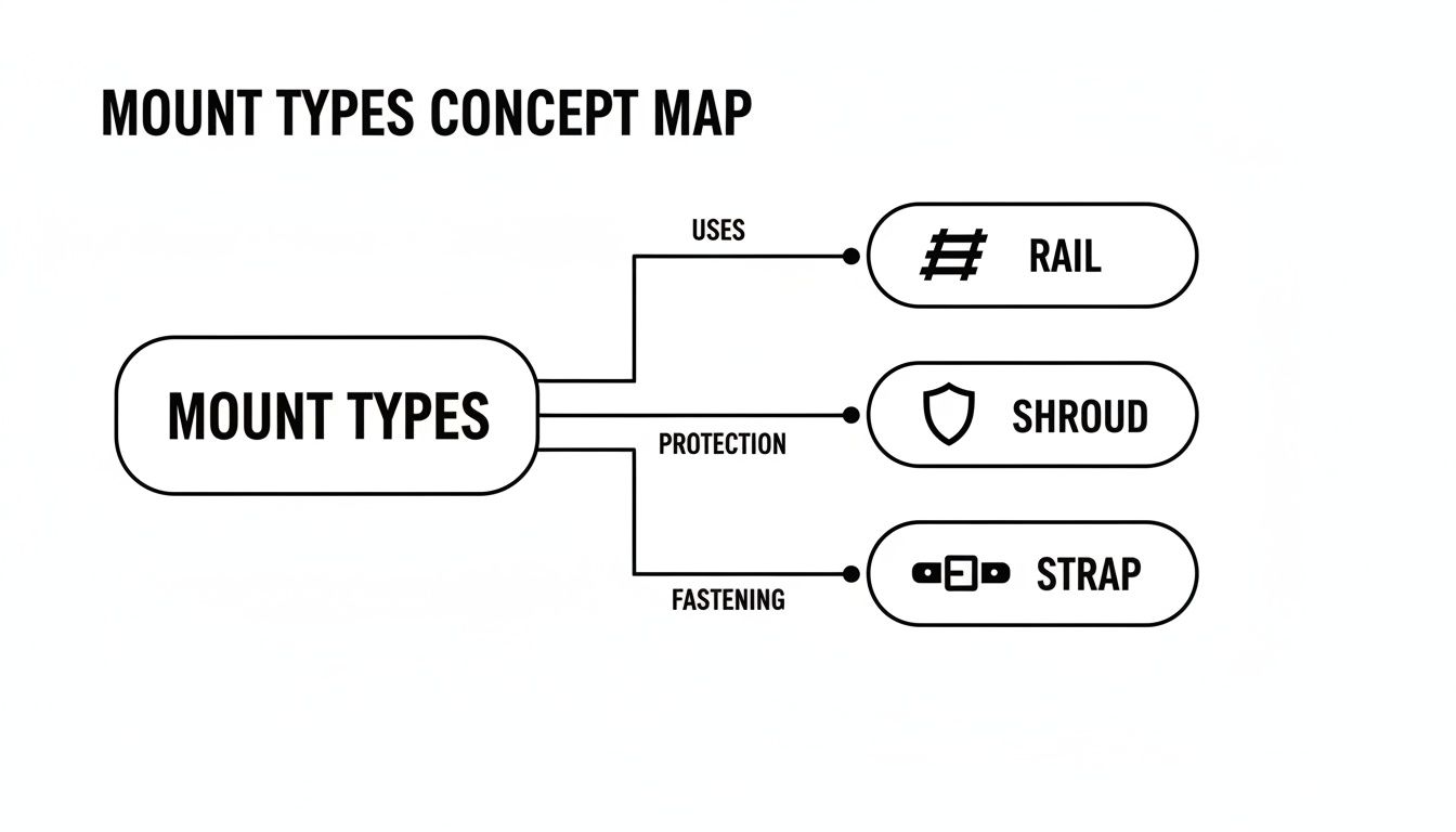 Concept map illustrating different mount types like rail, shroud, and strap, categorized by their uses, protection, and fastening.