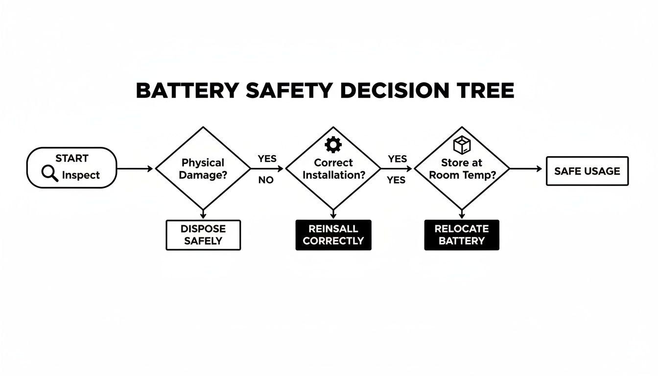 Battery safety decision tree flowchart illustrating steps for inspection, installation, storage, and safe usage.