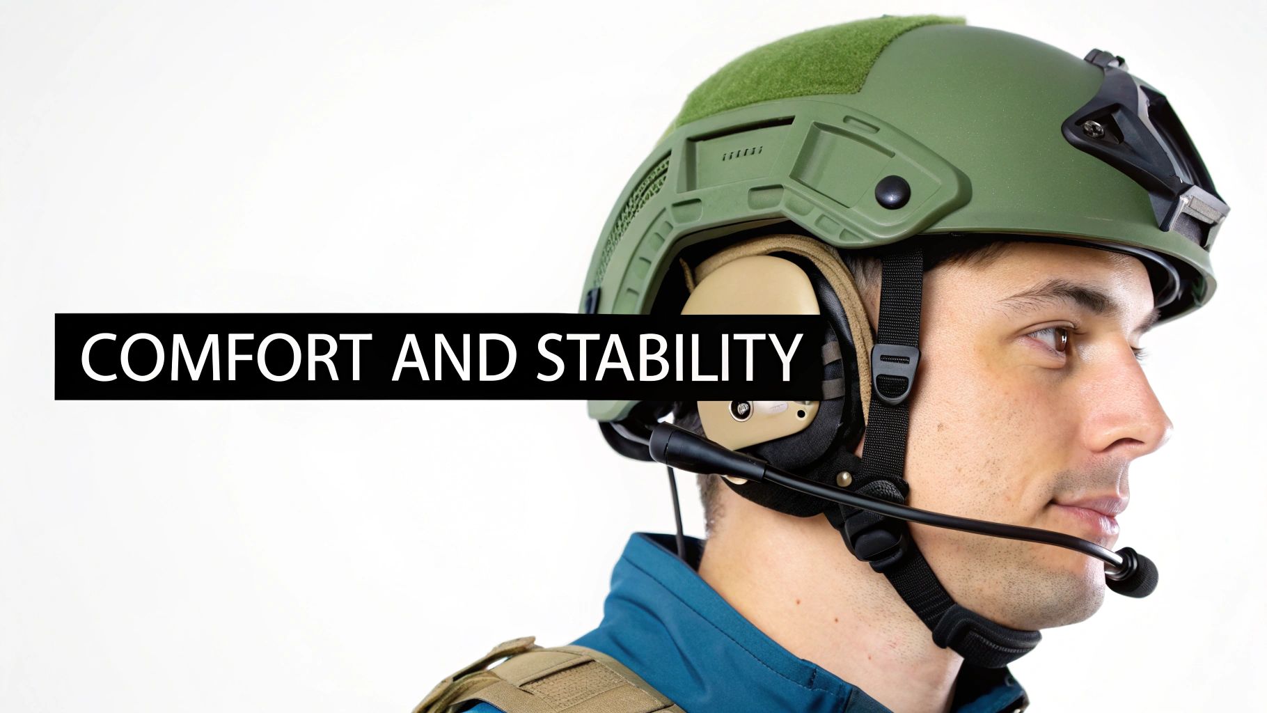 Side profile of a person wearing a green tactical helmet with ear protection and a boom mic, highlighting comfort and stability.