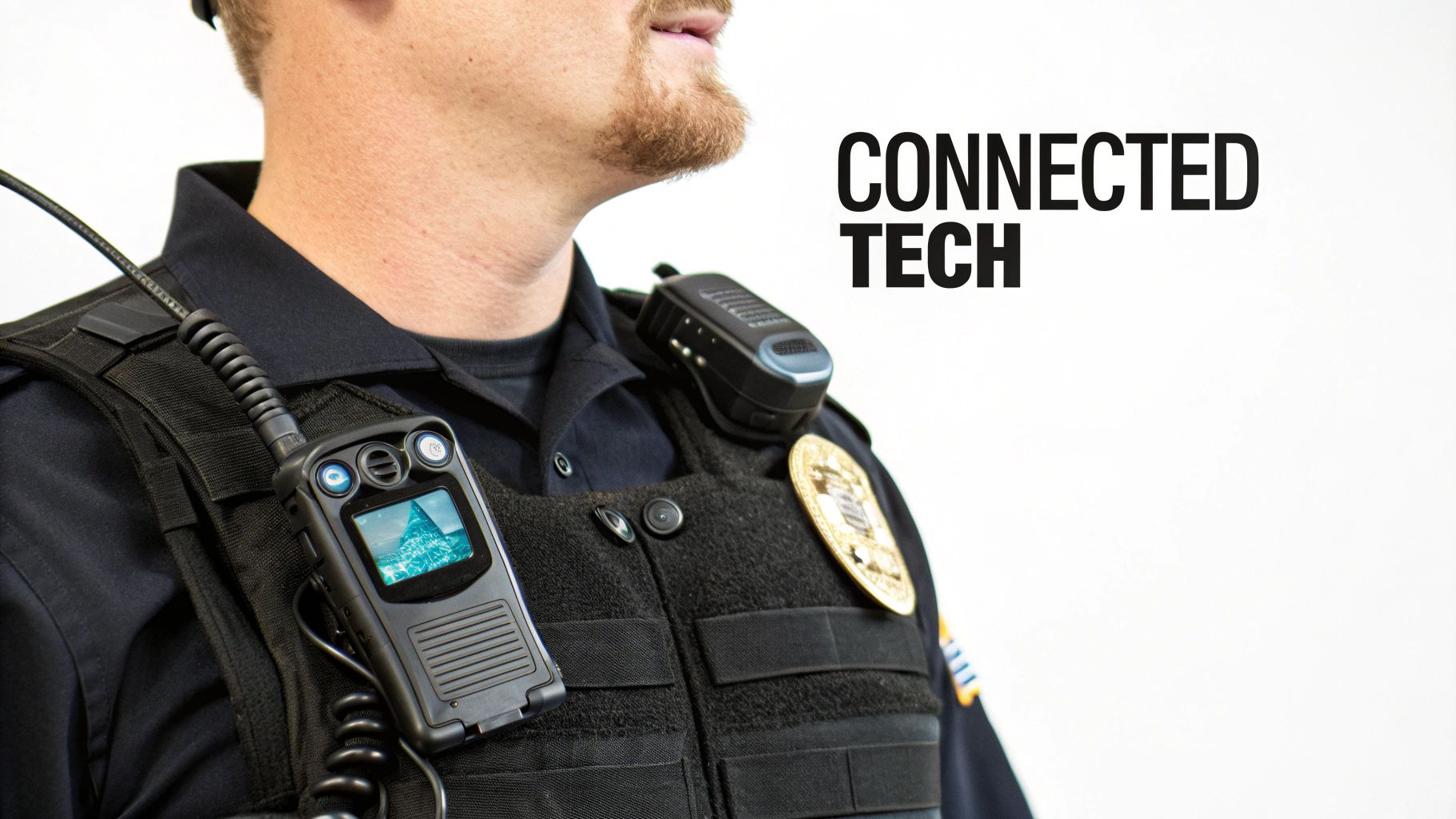 An officer adjusts their communications headset, with their body camera visible on their plate carrier.