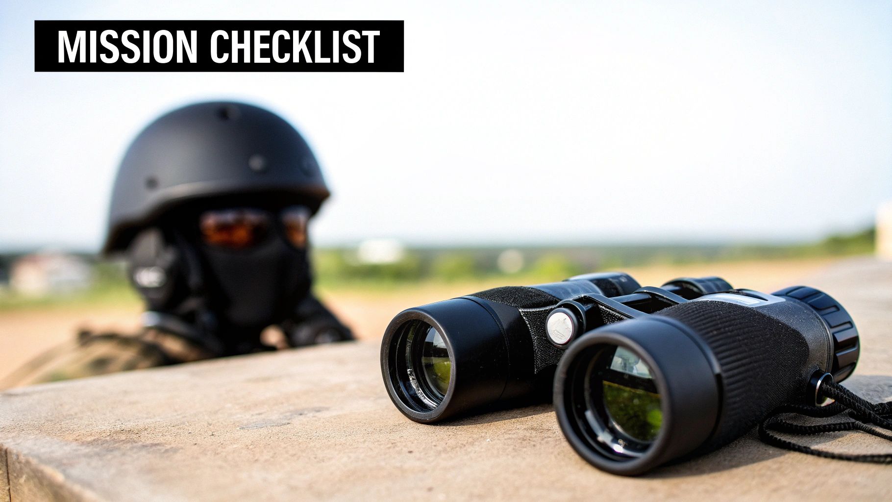 Black binoculars lie on concrete with a tactical operative and 'MISSION CHECKLIST' text in the background.