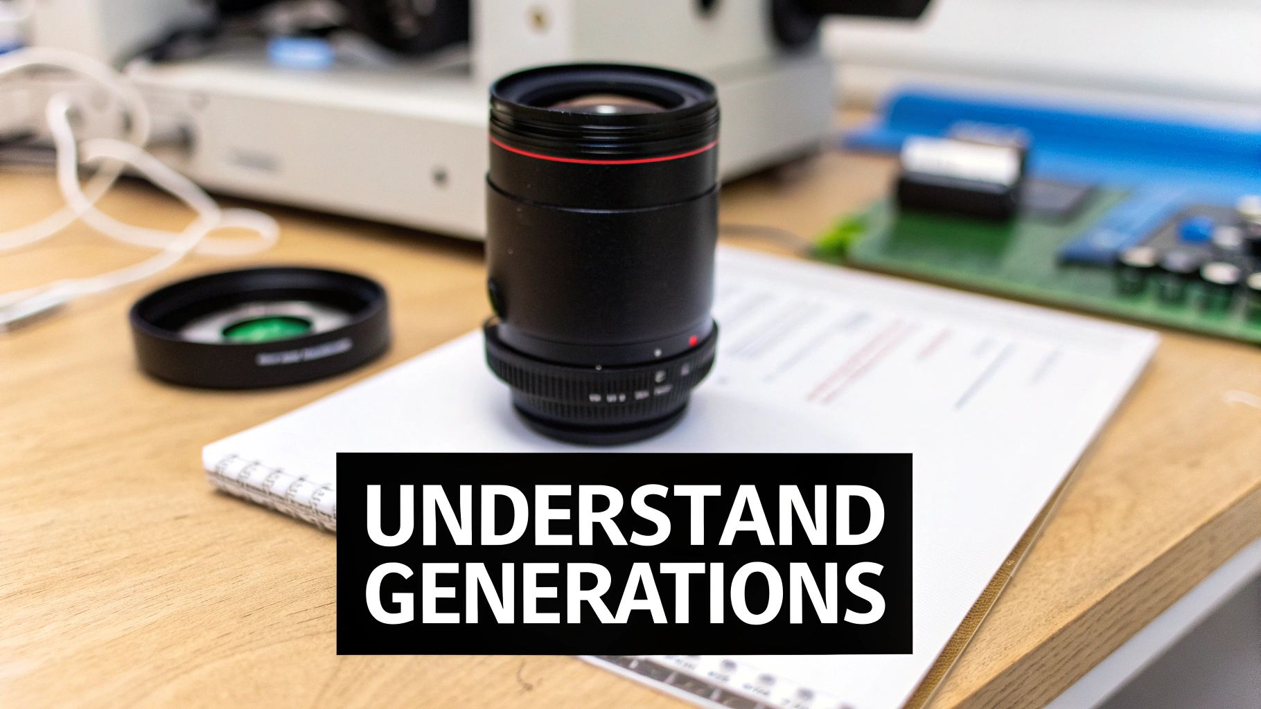 A camera lens and scientific lab equipment on a wooden desk with "UNDERSTAND GENERATIONS" text.