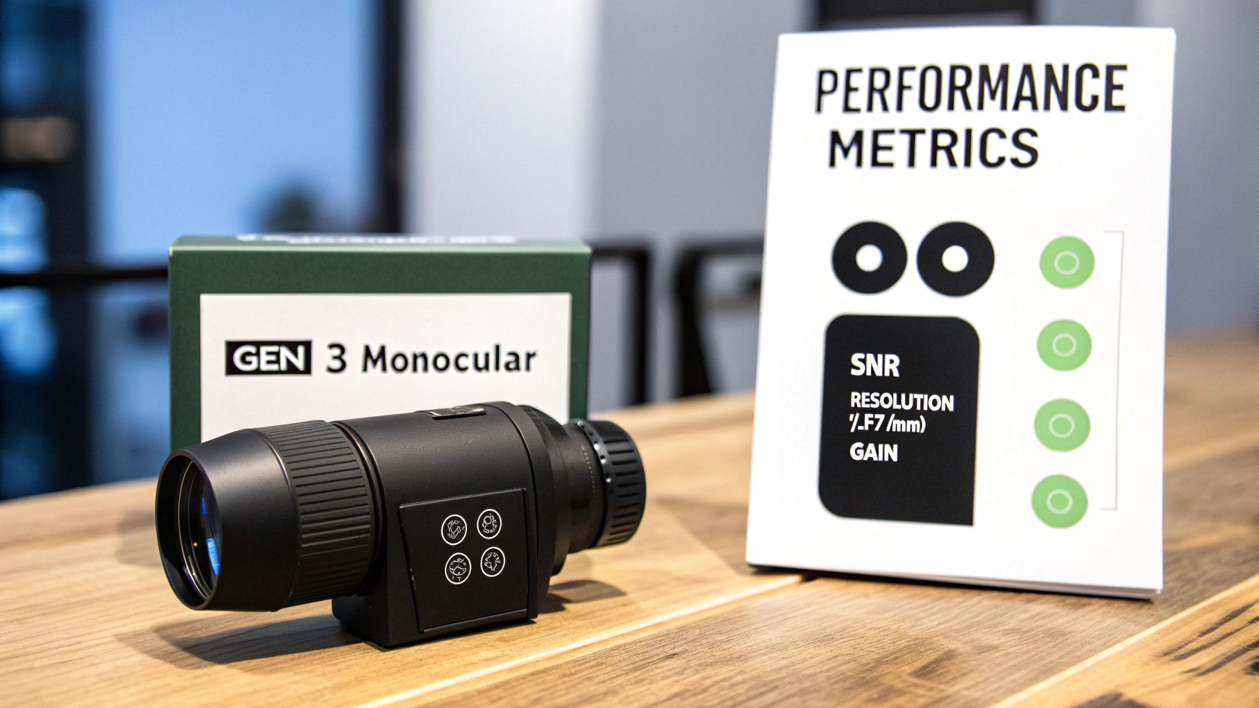 Generation 3 monocular night vision device with performance metrics display showing SNR resolution and gain specifications