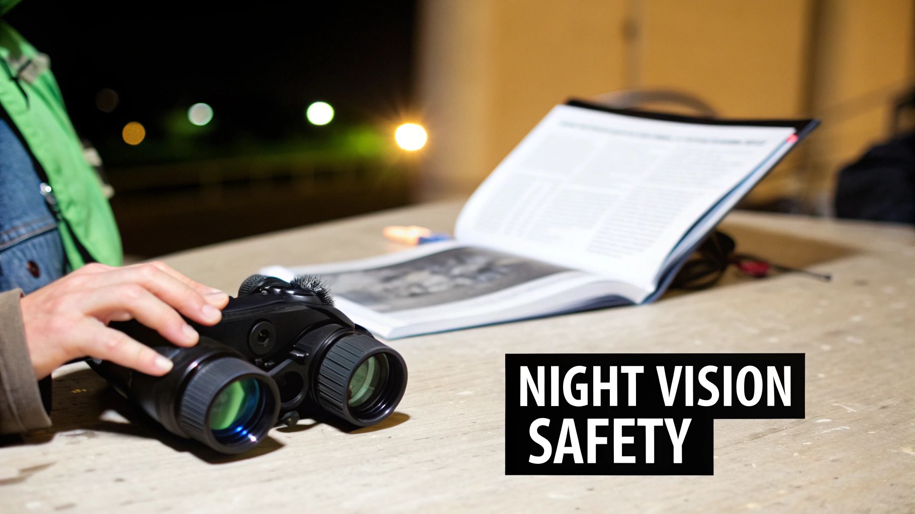 A person's hand holds night vision binoculars next to an open book, emphasizing safety.