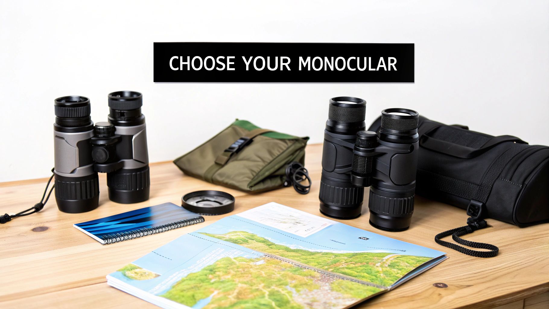Two pairs of binoculars with cases, a map, and notebook on a wooden table with 'CHOOSE YOUR MONOCULAR' text.
