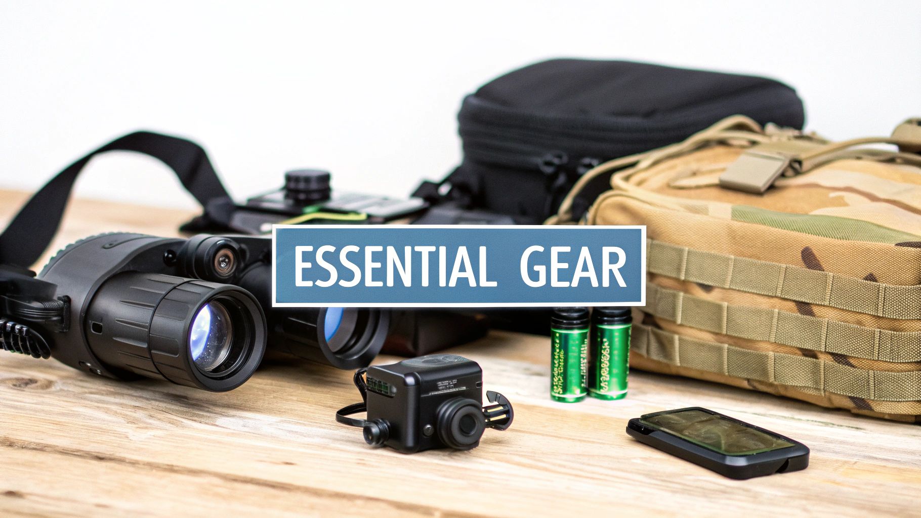 Various essential gear for outdoor activities, including a night vision monocular, camera, batteries, and tactical bags.