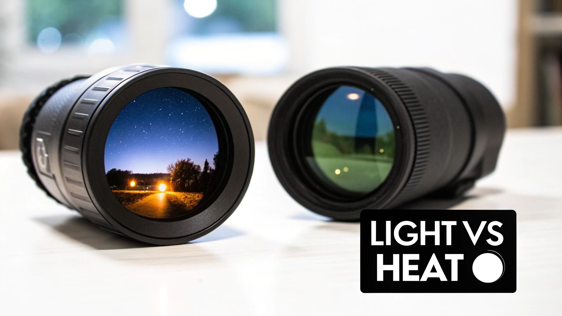 Two scopes on a table, one showing a starry night sky, the other with a green reflective lens, comparing light vs heat.