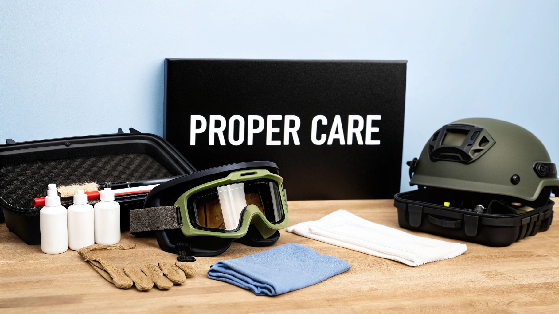 A comprehensive display of tactical gear and cleaning supplies for proper maintenance, including a helmet and goggles.
