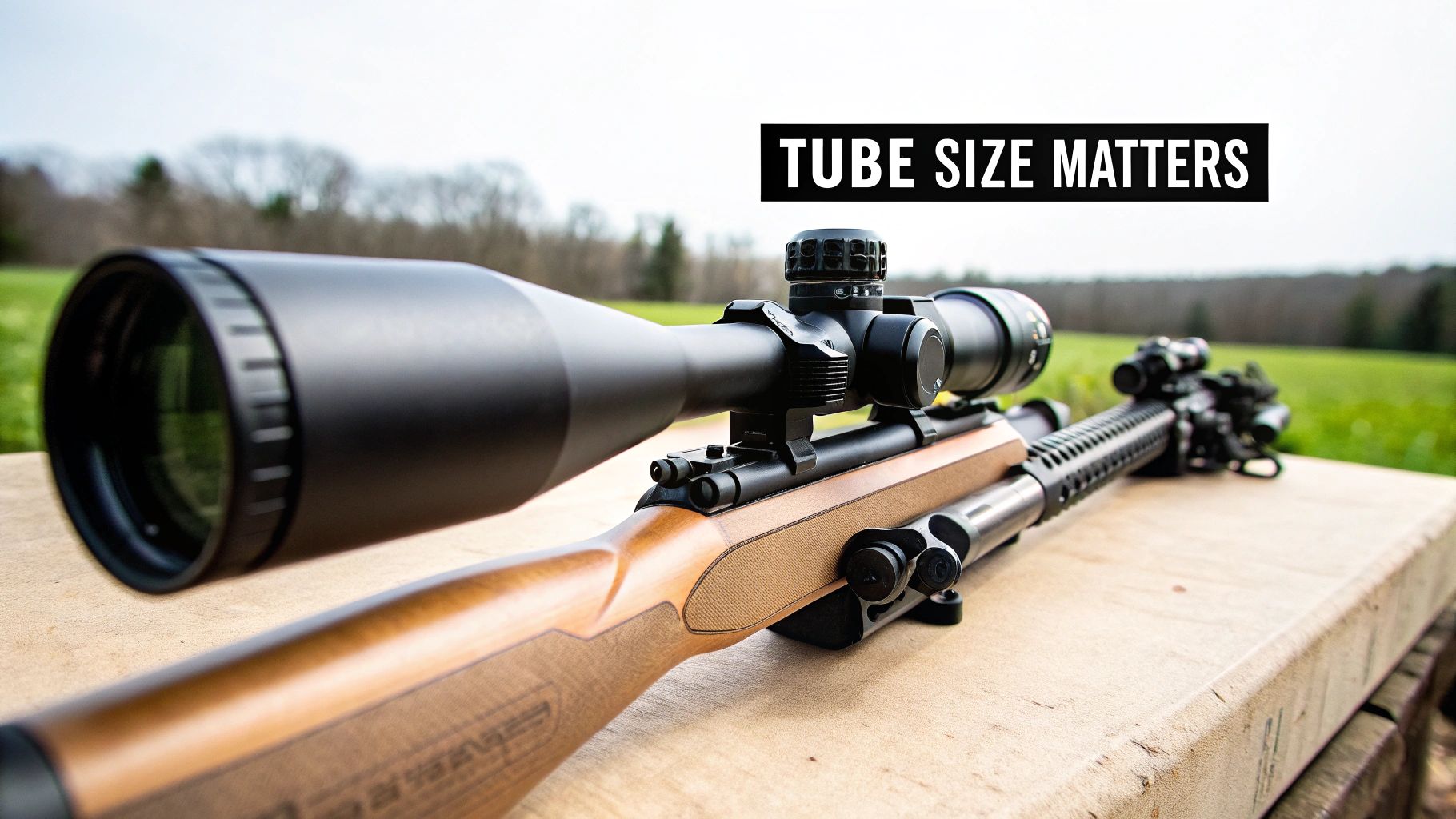 Rifle scopes of different tube sizes mounted on hunting rifles outdoors with open field background