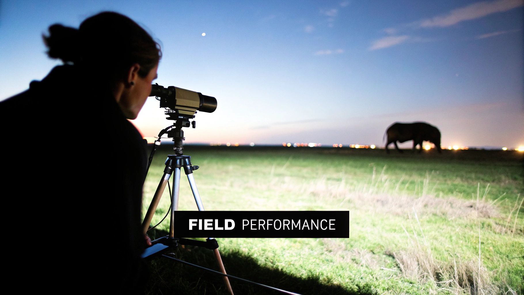 Person uses a night vision scope on a tripod to observe an elephant in a grassy field at dusk.