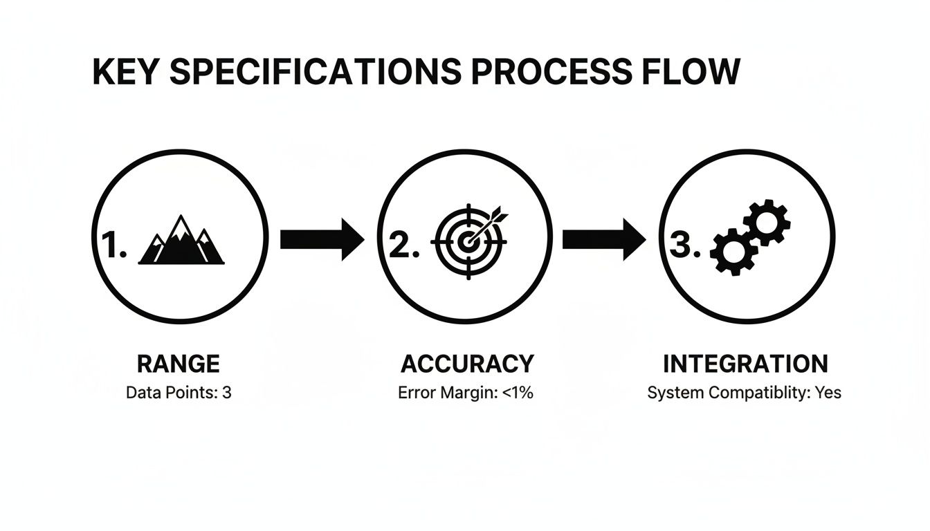 Process flow diagram outlining key specifications: Range (3 data points), Accuracy (<1% error), and Integration (system compatibility).